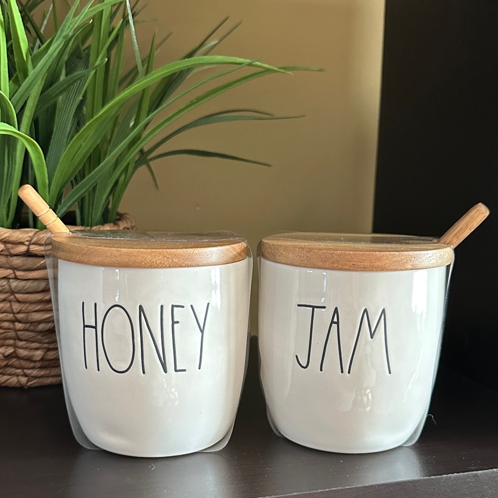 Rae Dunn Cream Honey and Jam Jars with Wooden Lids